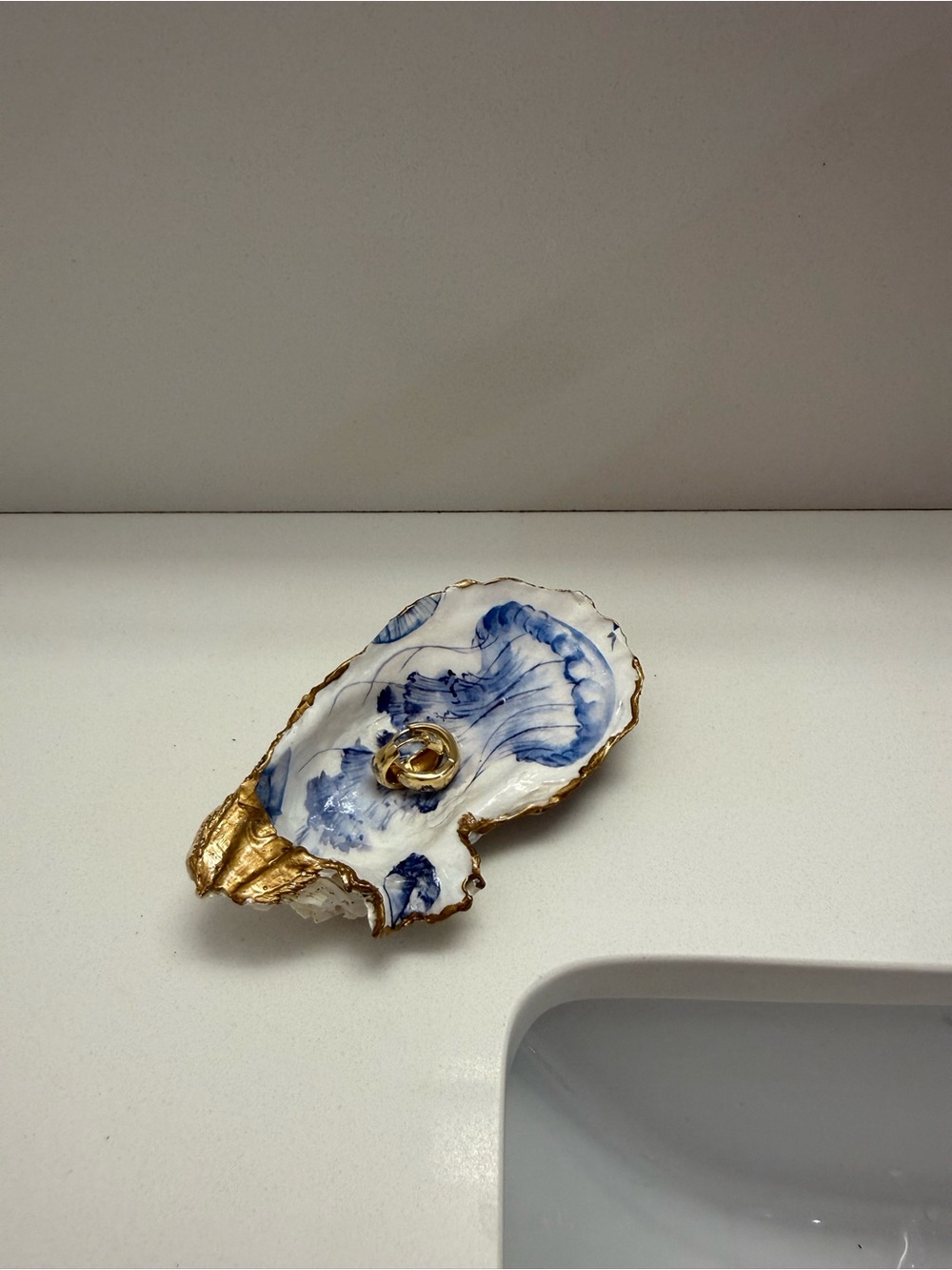 Handmade Oyster Shell Jewelry Dish with Gold Leaf Dipped Edge